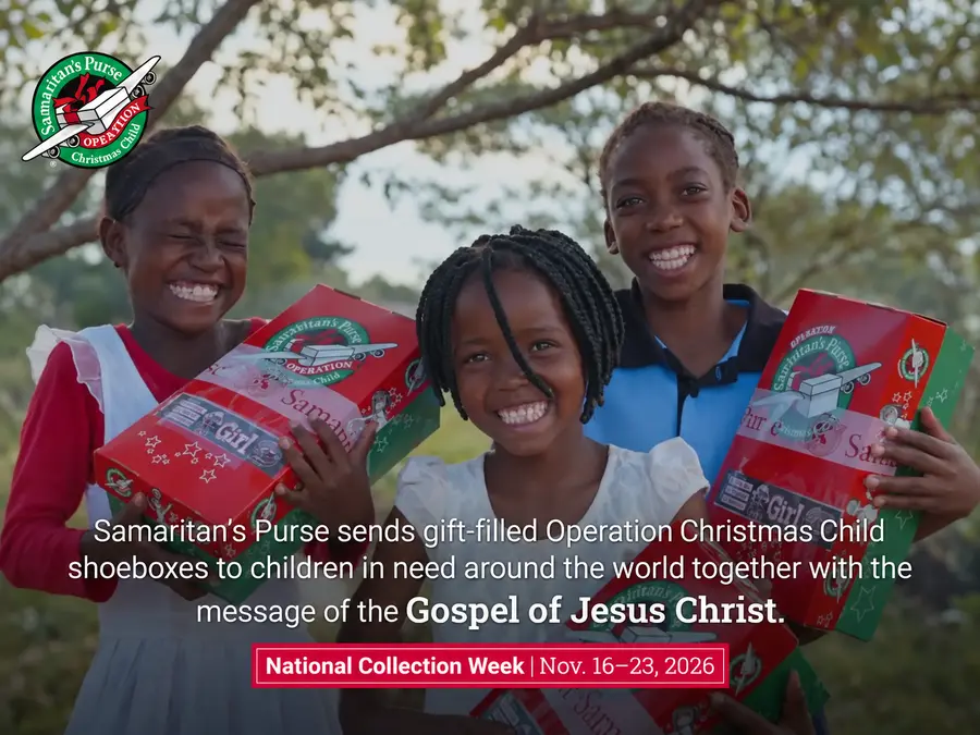 Operation Christmas Child children holding shoebox gifts, with National Collection Week listed as November 16–23, 2026