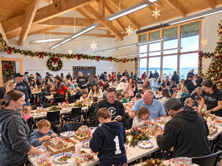 Edited composite of Life 425.Church families and volunteers decorating gingerbread houses at a Christmas gathering